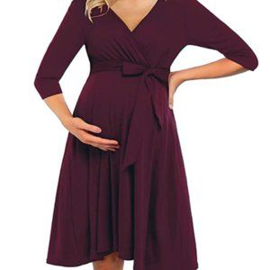 Coolmee Women's Wrap Maternity Dress Empire Waist Knee Length Midi Dress